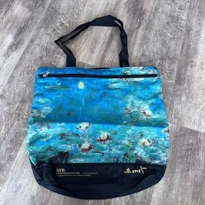 Monet Blue and Teal Waterlilies Art Nylon Shoulder Tote